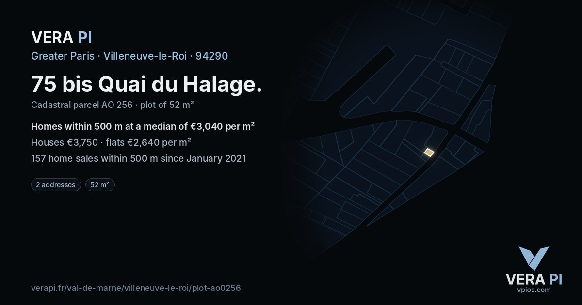 75 bis Quai du Halage, Villeneuve-le-Roi at night – the plot lit, the parcels around coloured by the prices near them