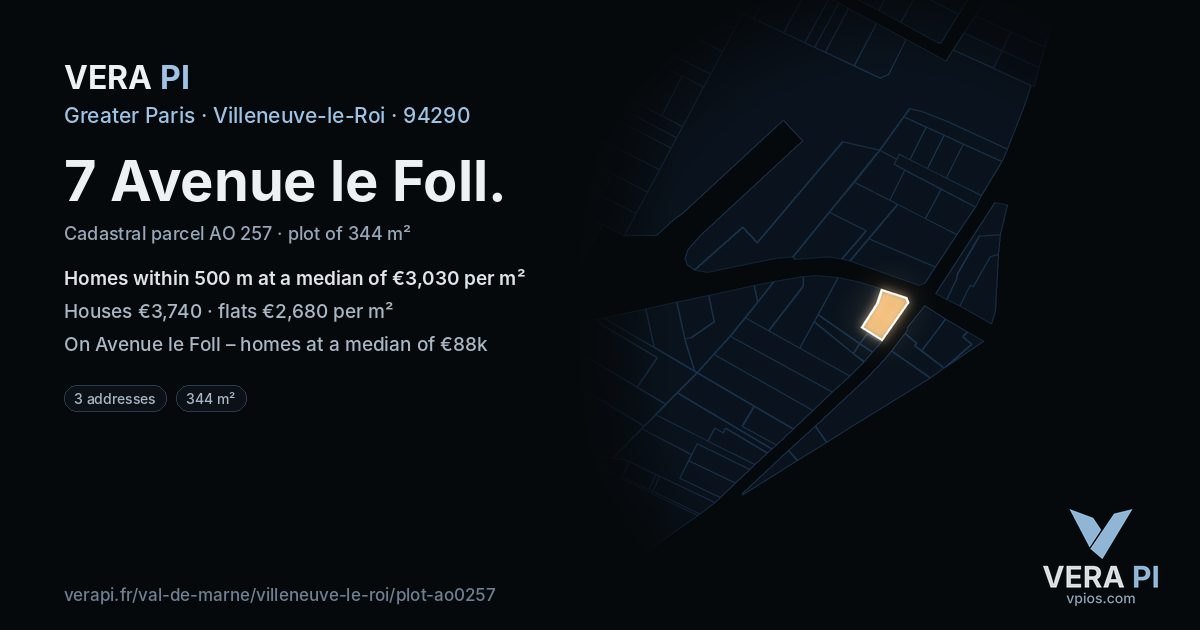 7 Avenue le Foll, Villeneuve-le-Roi at night – the plot lit, the parcels around coloured by the prices near them