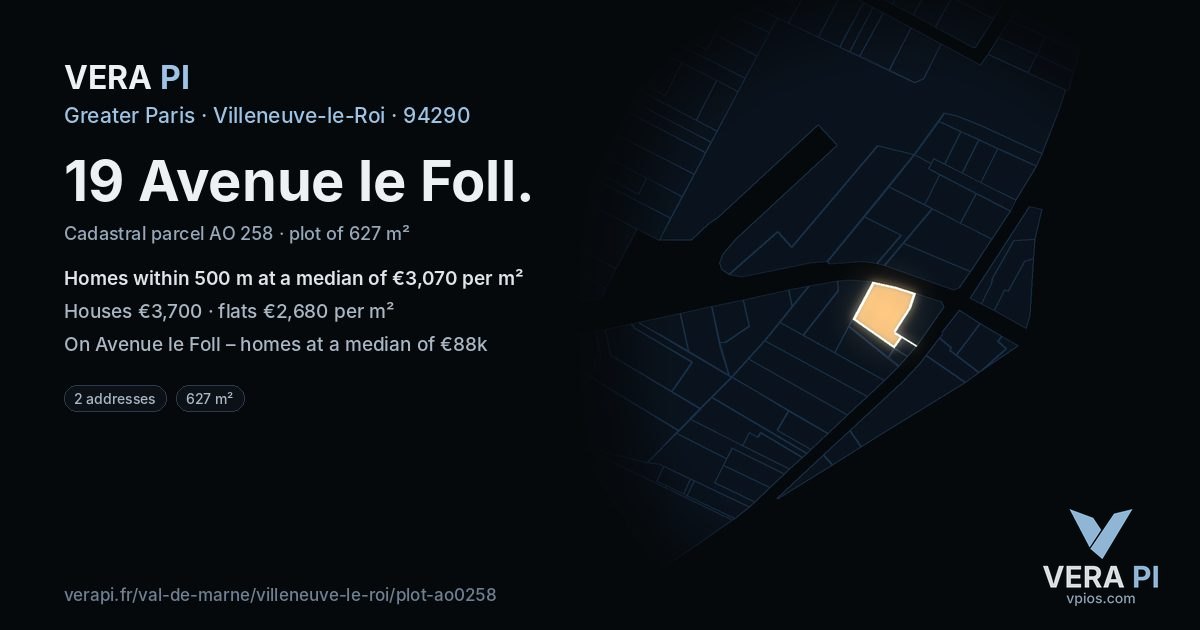 19 Avenue le Foll, Villeneuve-le-Roi at night – the plot lit, the parcels around coloured by the prices near them