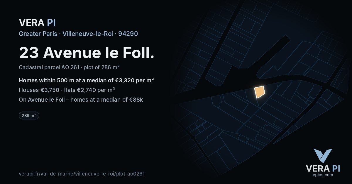 23 Avenue le Foll, Villeneuve-le-Roi at night – the plot lit, the parcels around coloured by the prices near them