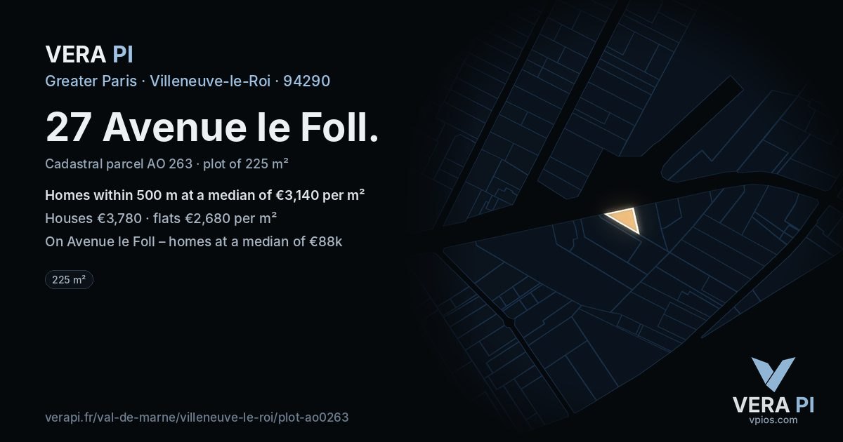 27 Avenue le Foll, Villeneuve-le-Roi at night – the plot lit, the parcels around coloured by the prices near them