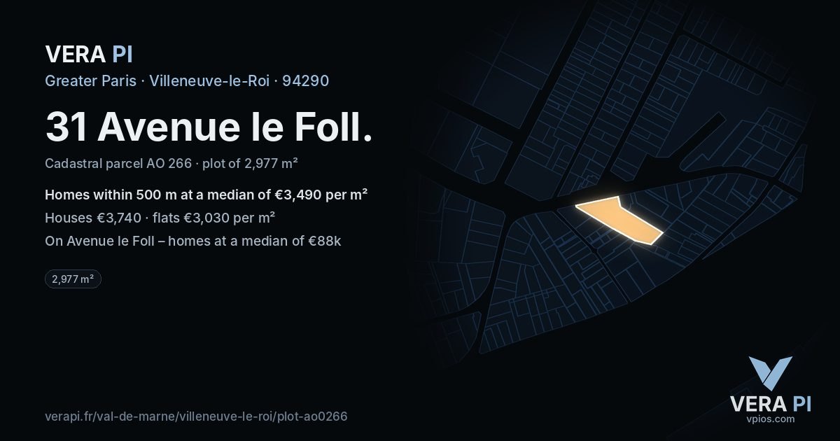 31 Avenue le Foll, Villeneuve-le-Roi at night – the plot lit, the parcels around coloured by the prices near them