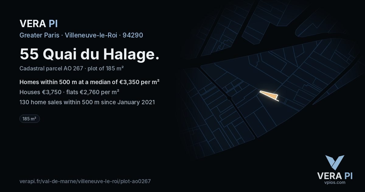 55 Quai du Halage, Villeneuve-le-Roi at night – the plot lit, the parcels around coloured by the prices near them