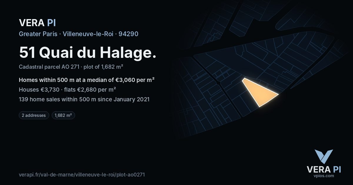 51 Quai du Halage, Villeneuve-le-Roi at night – the plot lit, the parcels around coloured by the prices near them