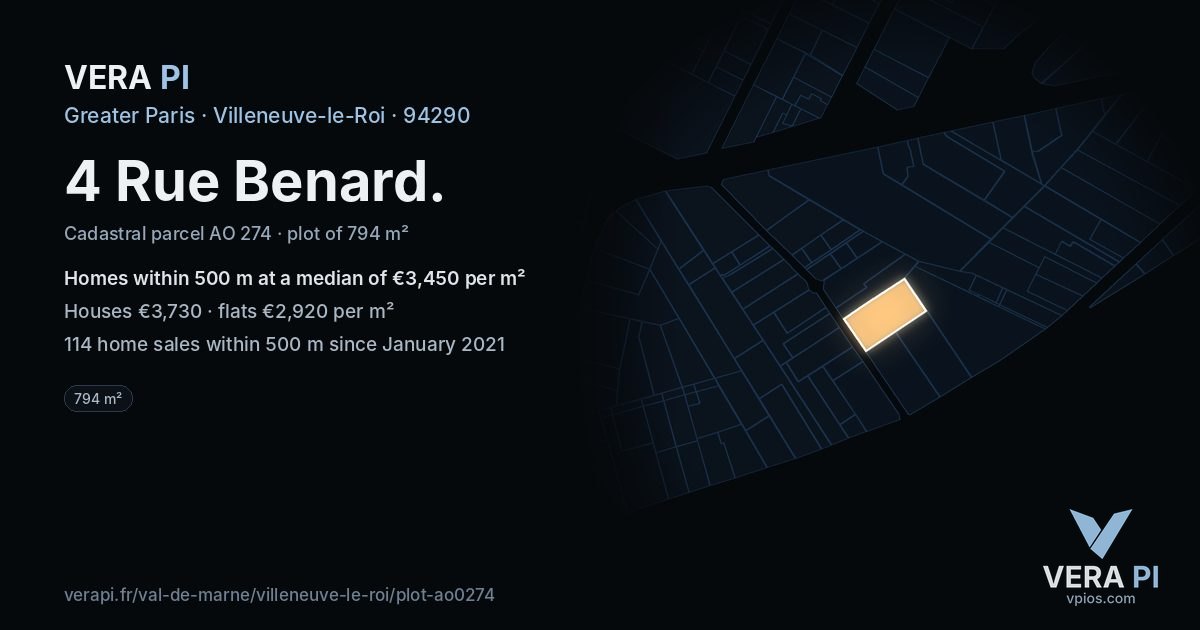 4 Rue Benard, Villeneuve-le-Roi at night – the plot lit, the parcels around coloured by the prices near them