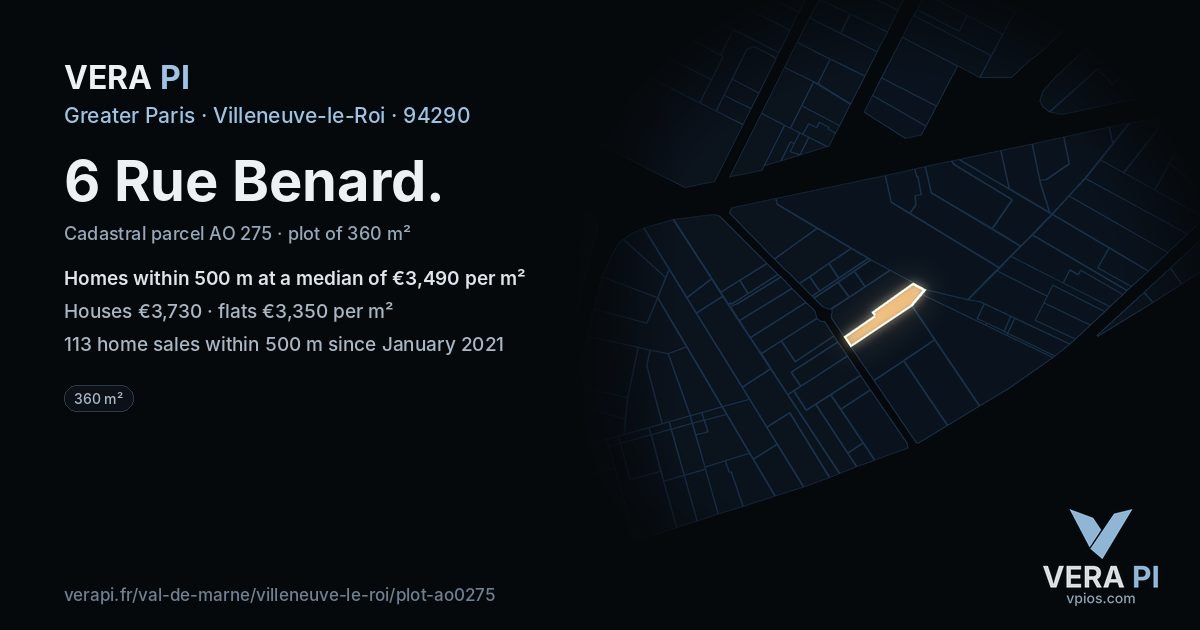 6 Rue Benard, Villeneuve-le-Roi at night – the plot lit, the parcels around coloured by the prices near them