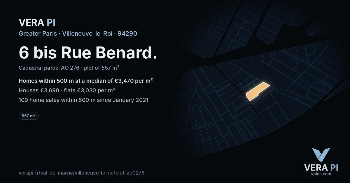 6 bis Rue Benard, Villeneuve-le-Roi at night – the plot lit, the parcels around coloured by the prices near them