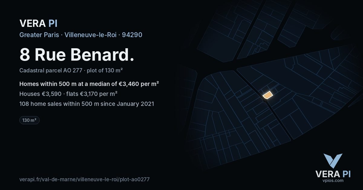 8 Rue Benard, Villeneuve-le-Roi at night – the plot lit, the parcels around coloured by the prices near them