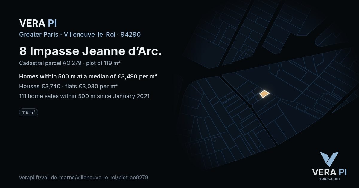 8 Impasse Jeanne d’Arc, Villeneuve-le-Roi at night – the plot lit, the parcels around coloured by the prices near them