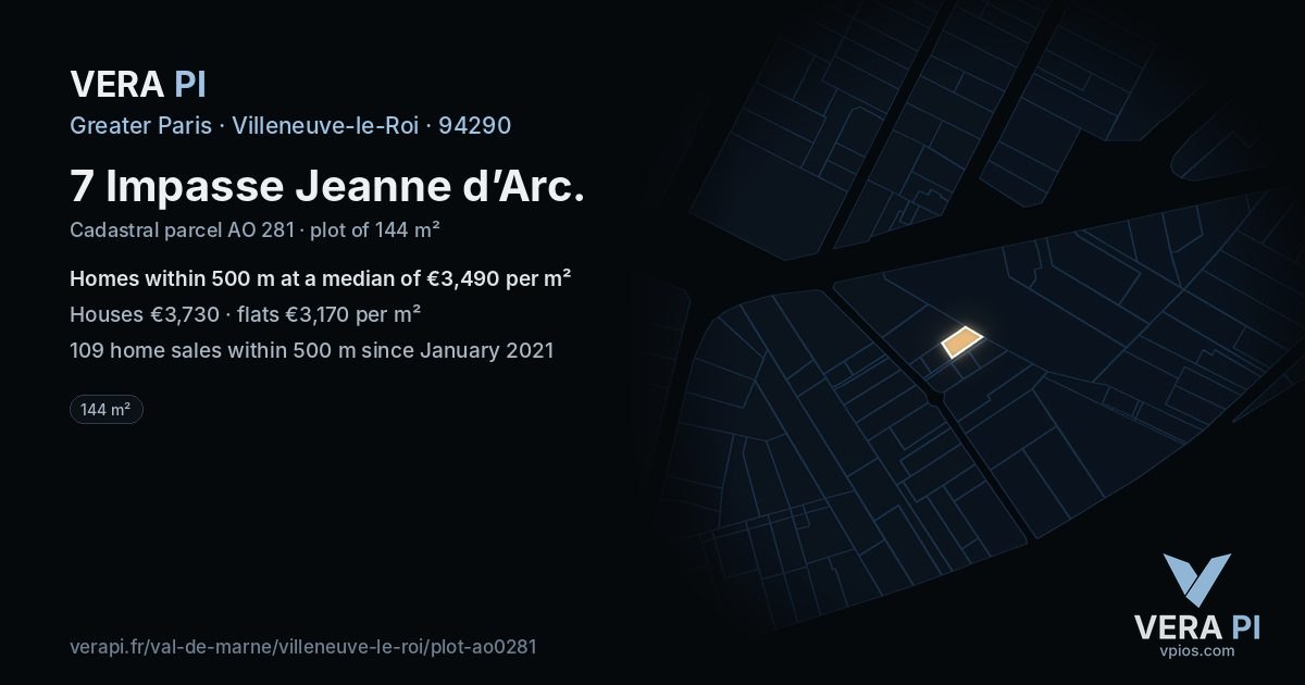 7 Impasse Jeanne d’Arc, Villeneuve-le-Roi at night – the plot lit, the parcels around coloured by the prices near them
