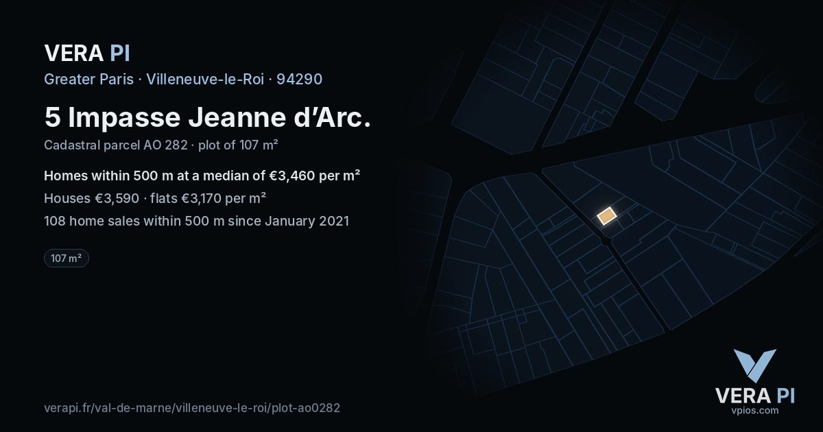 5 Impasse Jeanne d’Arc, Villeneuve-le-Roi at night – the plot lit, the parcels around coloured by the prices near them