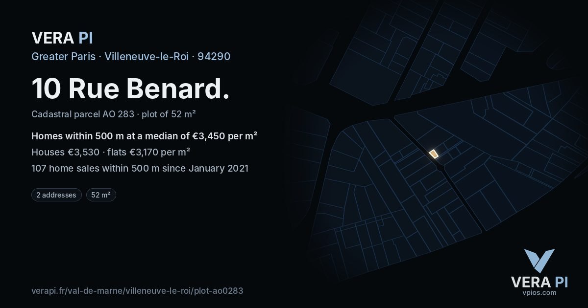 10 Rue Benard, Villeneuve-le-Roi at night – the plot lit, the parcels around coloured by the prices near them