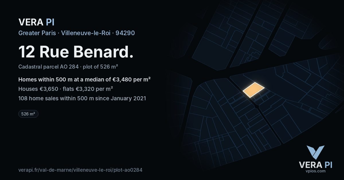 12 Rue Benard, Villeneuve-le-Roi at night – the plot lit, the parcels around coloured by the prices near them