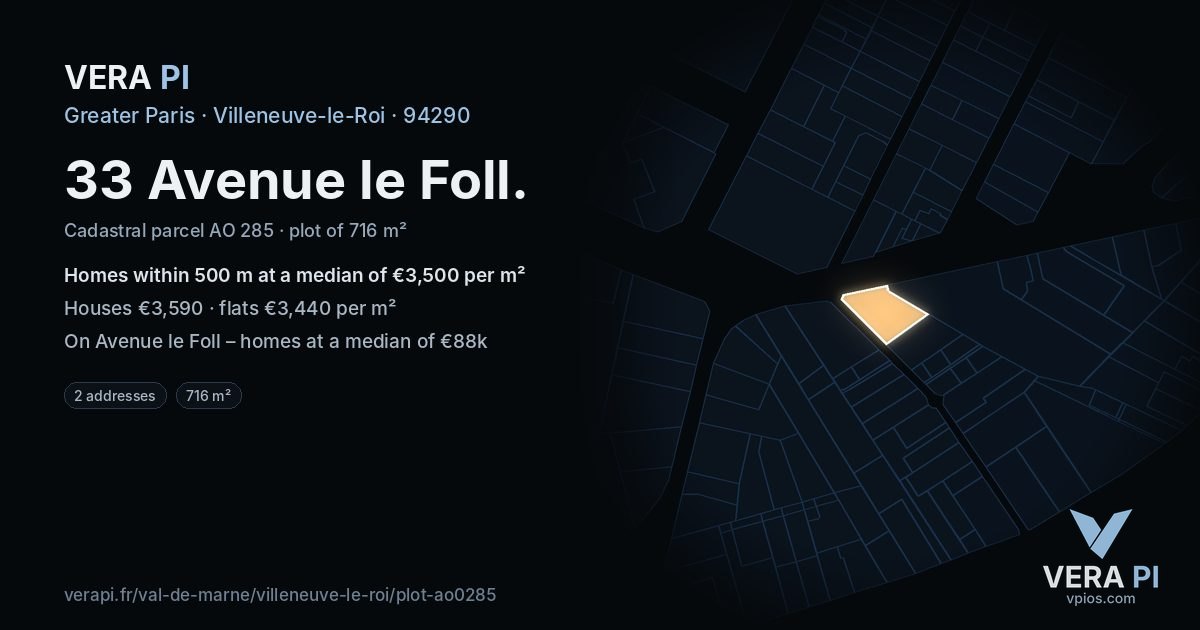 33 Avenue le Foll, Villeneuve-le-Roi at night – the plot lit, the parcels around coloured by the prices near them