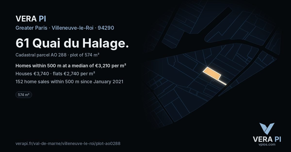 61 Quai du Halage, Villeneuve-le-Roi at night – the plot lit, the parcels around coloured by the prices near them
