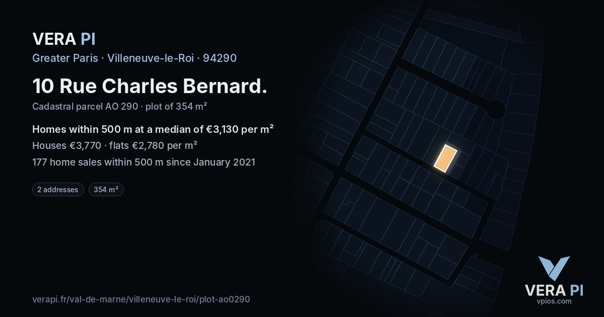 10 Rue Charles Bernard, Villeneuve-le-Roi at night – the plot lit, the parcels around coloured by the prices near them