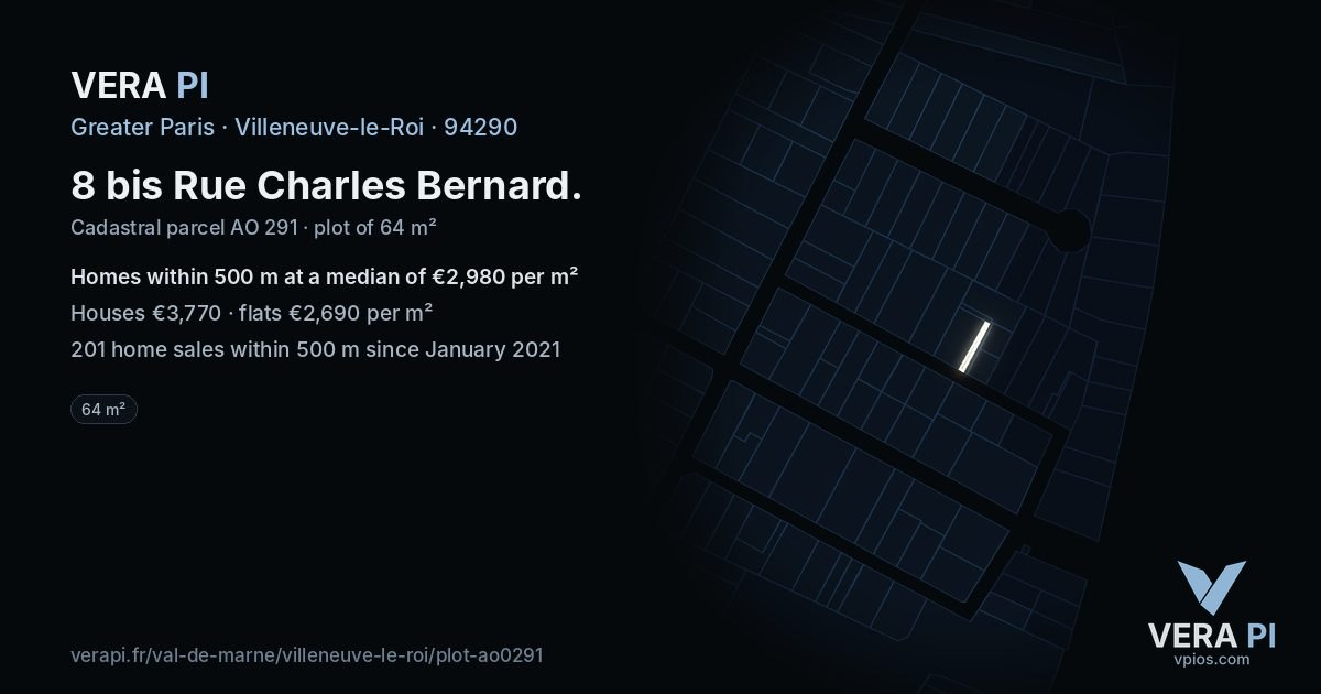 8 bis Rue Charles Bernard, Villeneuve-le-Roi at night – the plot lit, the parcels around coloured by the prices near them