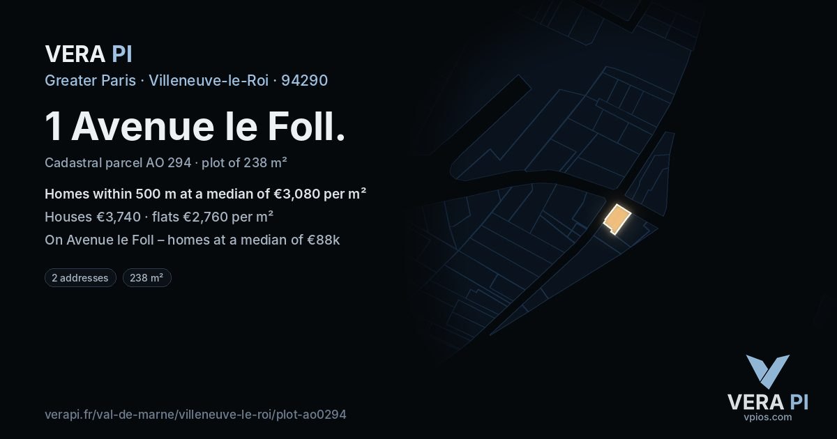 1 Avenue le Foll, Villeneuve-le-Roi at night – the plot lit, the parcels around coloured by the prices near them