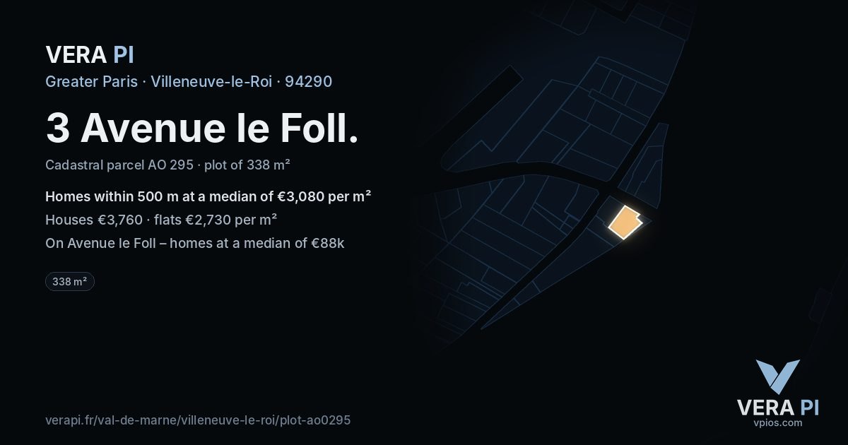 3 Avenue le Foll, Villeneuve-le-Roi at night – the plot lit, the parcels around coloured by the prices near them