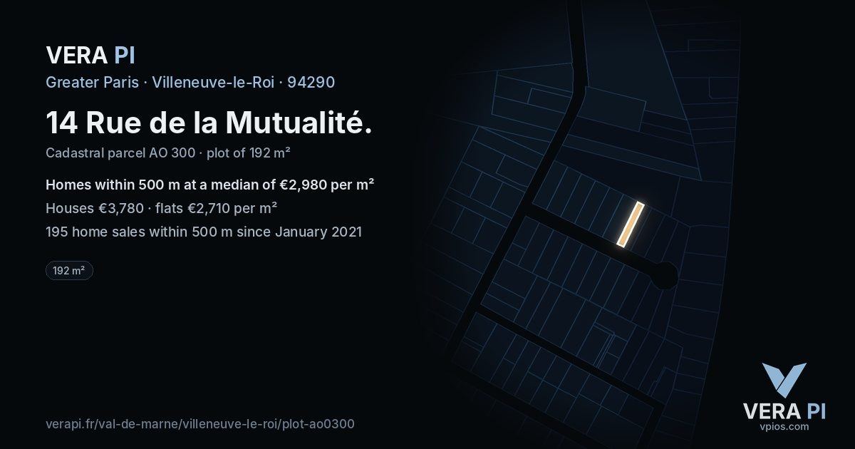14 Rue de la Mutualité, Villeneuve-le-Roi at night – the plot lit, the parcels around coloured by the prices near them