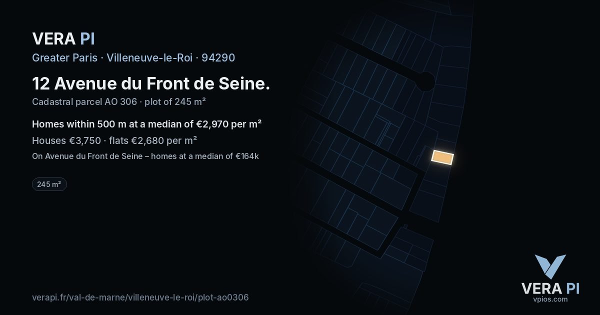 12 Avenue du Front de Seine, Villeneuve-le-Roi at night – the plot lit, the parcels around coloured by the prices near them