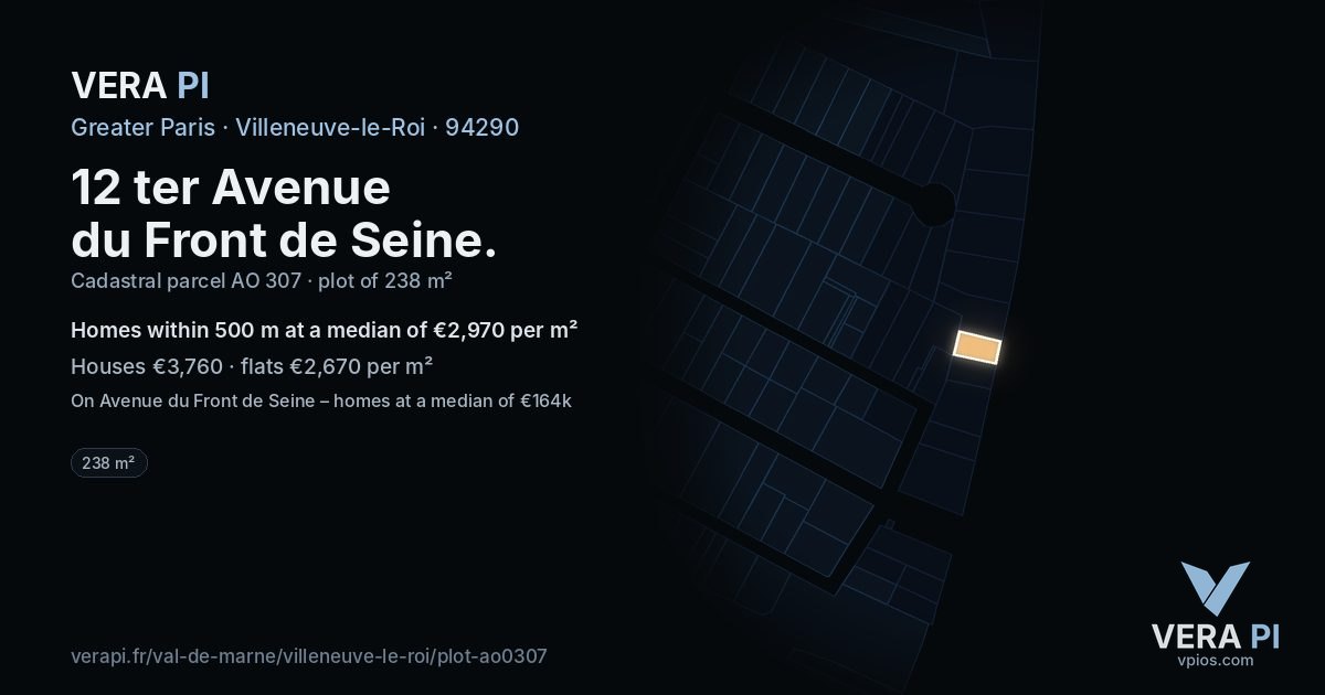 12 ter Avenue du Front de Seine, Villeneuve-le-Roi at night – the plot lit, the parcels around coloured by the prices near them