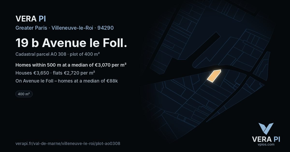 19 b Avenue le Foll, Villeneuve-le-Roi at night – the plot lit, the parcels around coloured by the prices near them