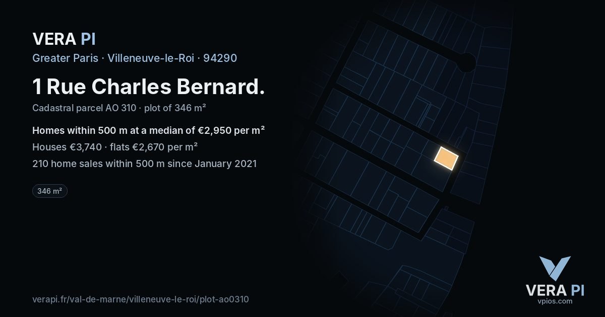 1 Rue Charles Bernard, Villeneuve-le-Roi at night – the plot lit, the parcels around coloured by the prices near them