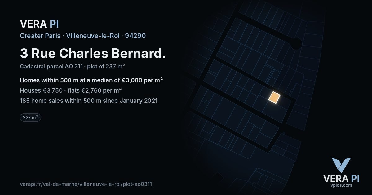 3 Rue Charles Bernard, Villeneuve-le-Roi at night – the plot lit, the parcels around coloured by the prices near them