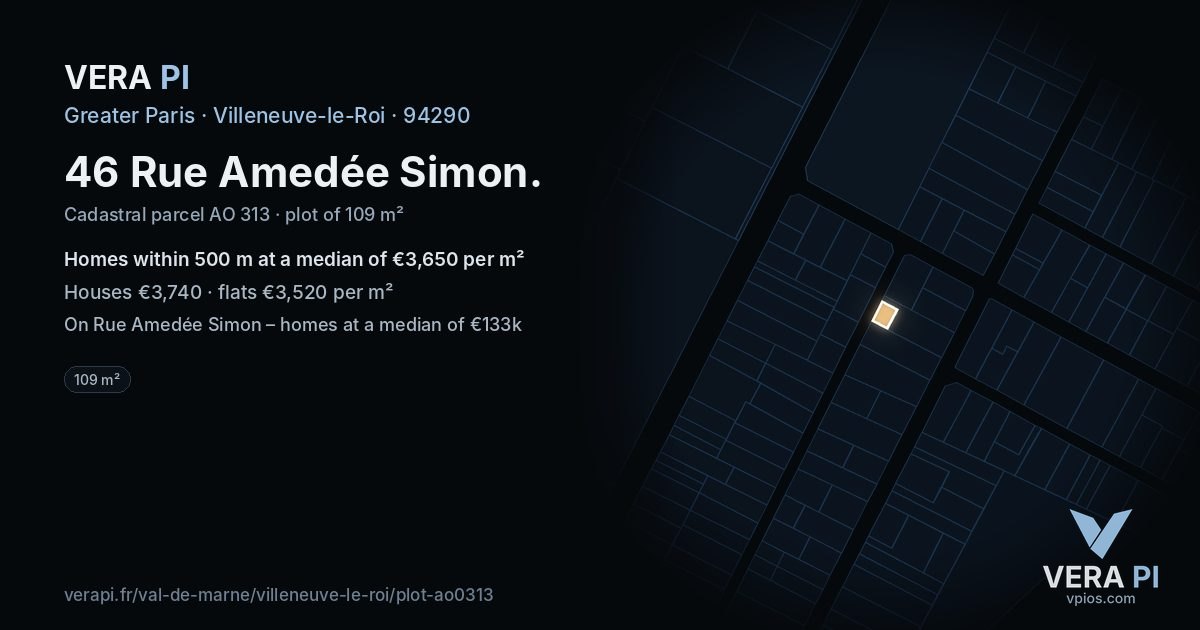 46 Rue Amedée Simon, Villeneuve-le-Roi at night – the plot lit, the parcels around coloured by the prices near them