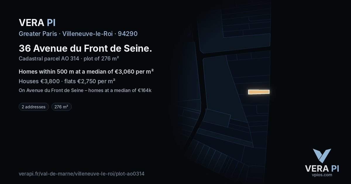 36 Avenue du Front de Seine, Villeneuve-le-Roi at night – the plot lit, the parcels around coloured by the prices near them
