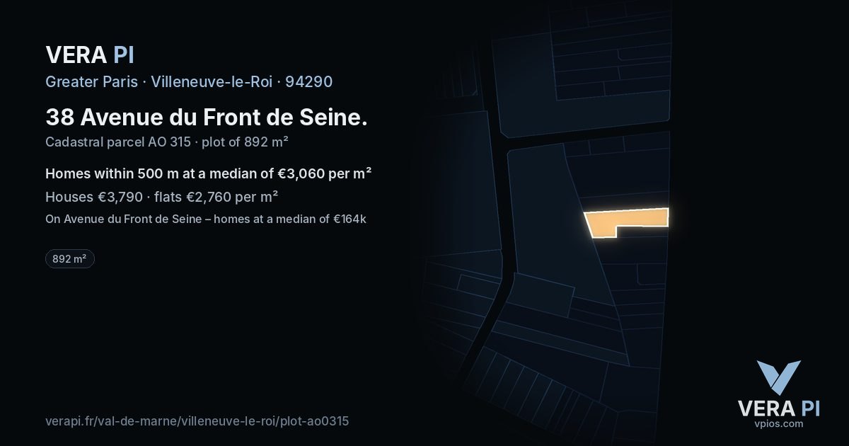 38 Avenue du Front de Seine, Villeneuve-le-Roi at night – the plot lit, the parcels around coloured by the prices near them