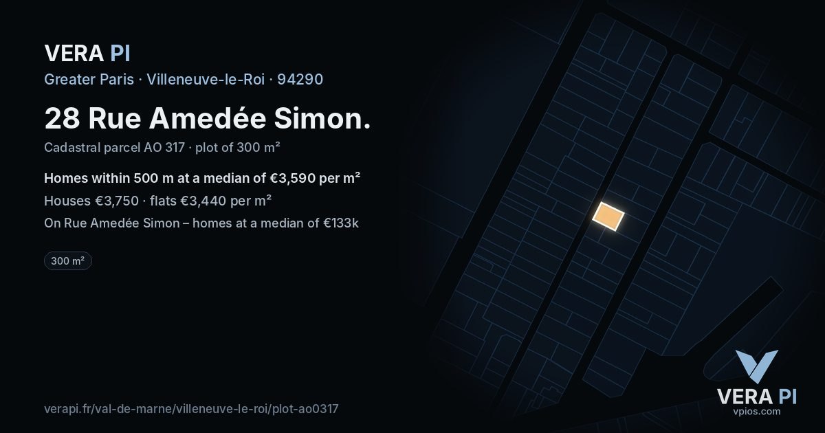 28 Rue Amedée Simon, Villeneuve-le-Roi at night – the plot lit, the parcels around coloured by the prices near them