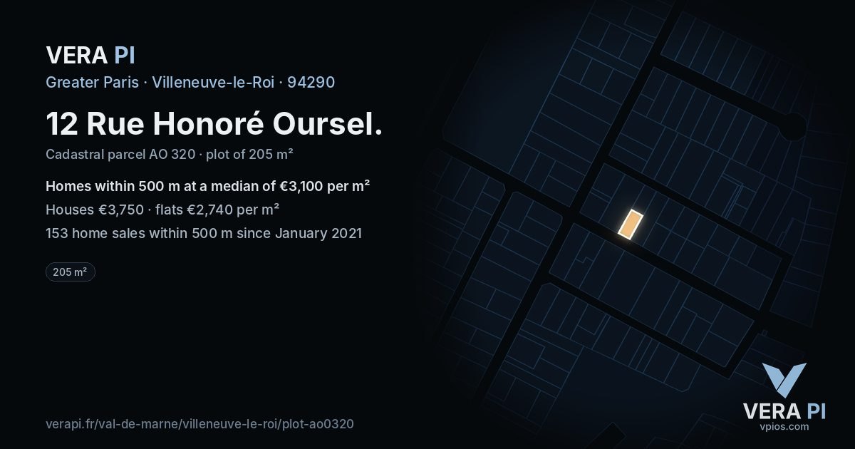 12 Rue Honoré Oursel, Villeneuve-le-Roi at night – the plot lit, the parcels around coloured by the prices near them