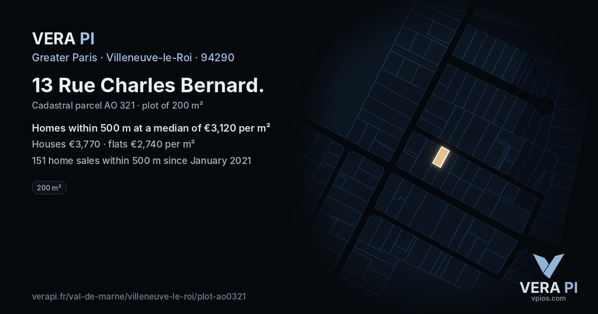 13 Rue Charles Bernard, Villeneuve-le-Roi at night – the plot lit, the parcels around coloured by the prices near them