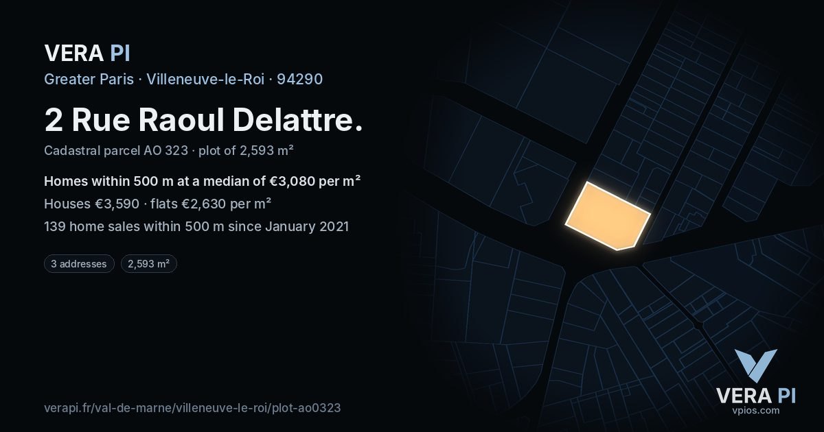 2 Rue Raoul Delattre, Villeneuve-le-Roi at night – the plot lit, the parcels around coloured by the prices near them