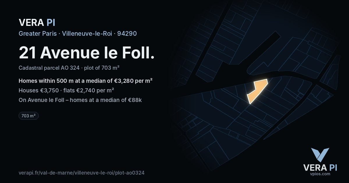 21 Avenue le Foll, Villeneuve-le-Roi at night – the plot lit, the parcels around coloured by the prices near them