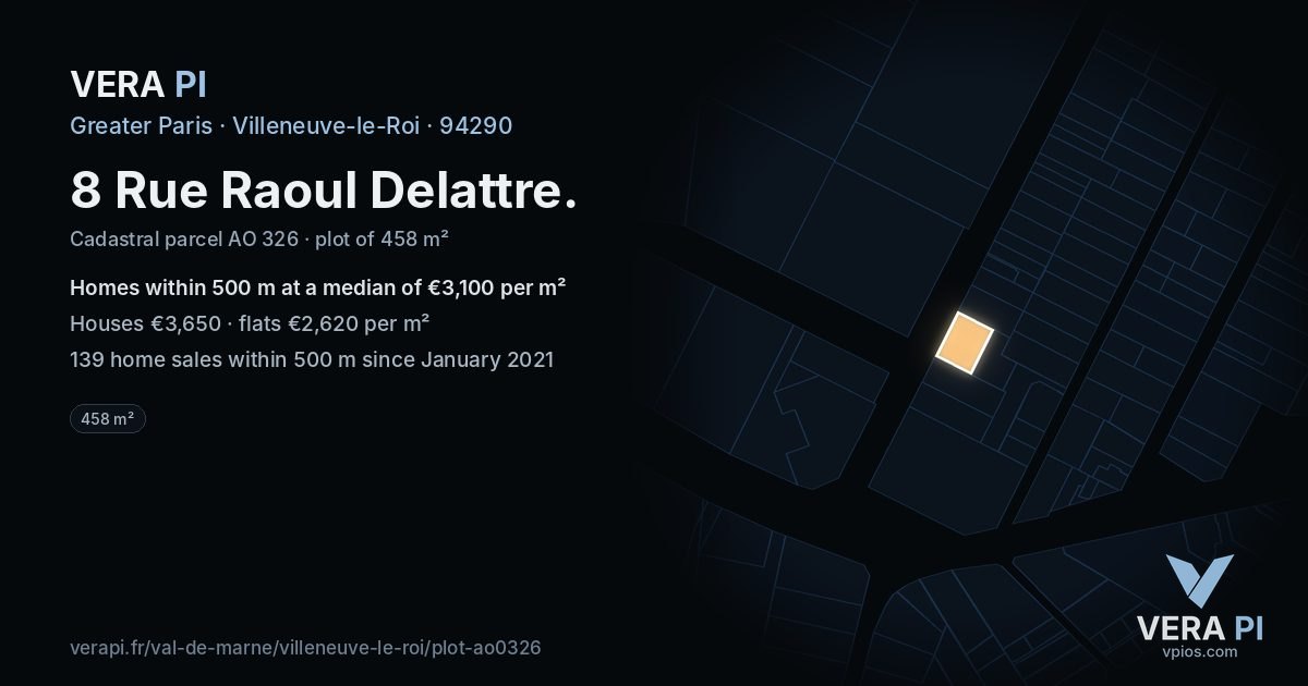 8 Rue Raoul Delattre, Villeneuve-le-Roi at night – the plot lit, the parcels around coloured by the prices near them