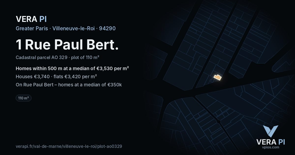 1 Rue Paul Bert, Villeneuve-le-Roi at night – the plot lit, the parcels around coloured by the prices near them