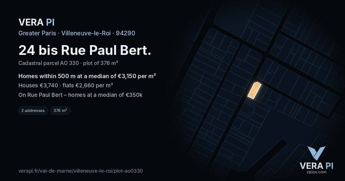 24 bis Rue Paul Bert, Villeneuve-le-Roi at night – the plot lit, the parcels around coloured by the prices near them
