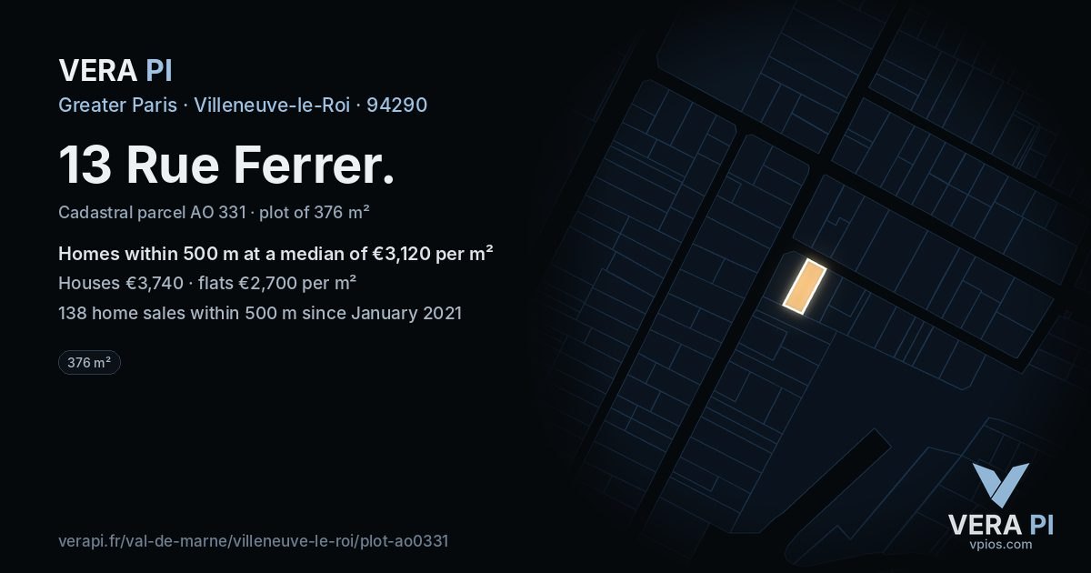 13 Rue Ferrer, Villeneuve-le-Roi at night – the plot lit, the parcels around coloured by the prices near them