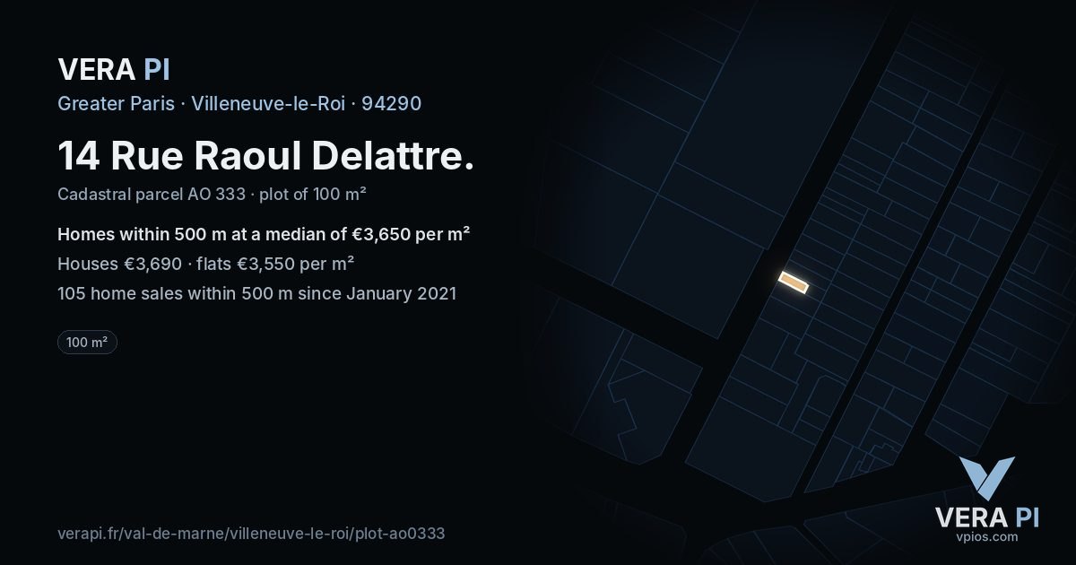 14 Rue Raoul Delattre, Villeneuve-le-Roi at night – the plot lit, the parcels around coloured by the prices near them
