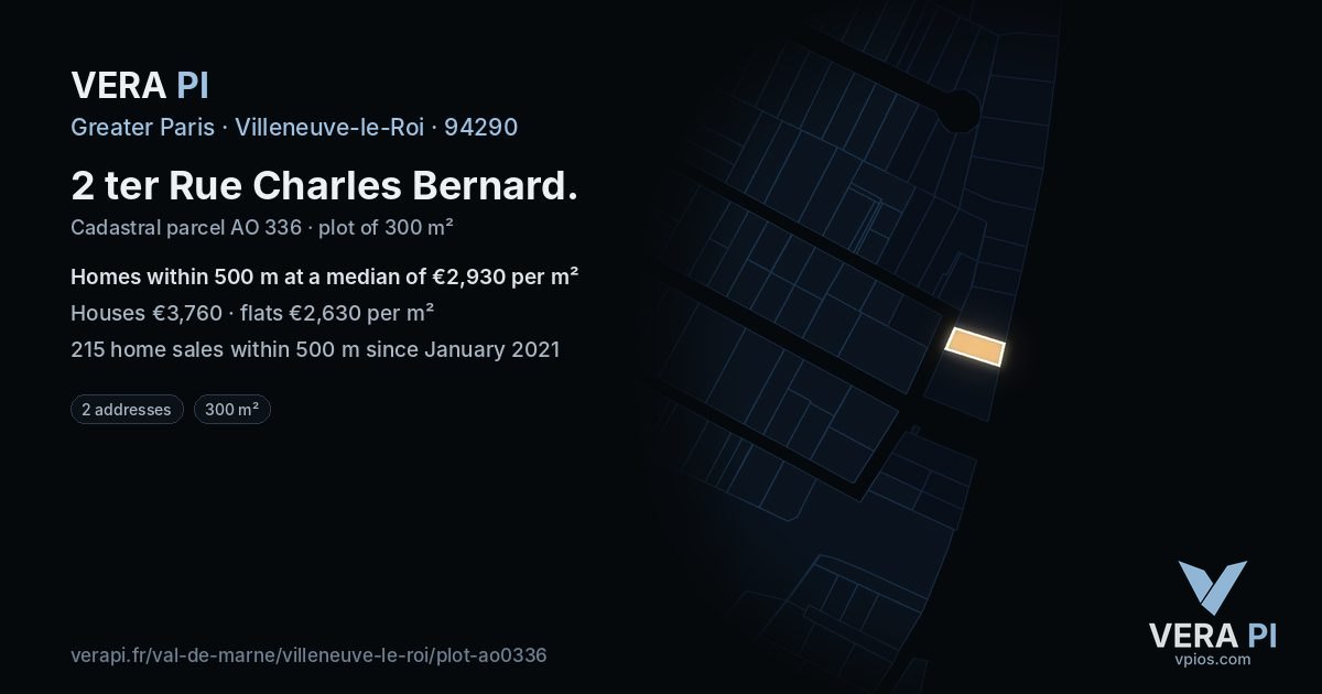 2 ter Rue Charles Bernard, Villeneuve-le-Roi at night – the plot lit, the parcels around coloured by the prices near them