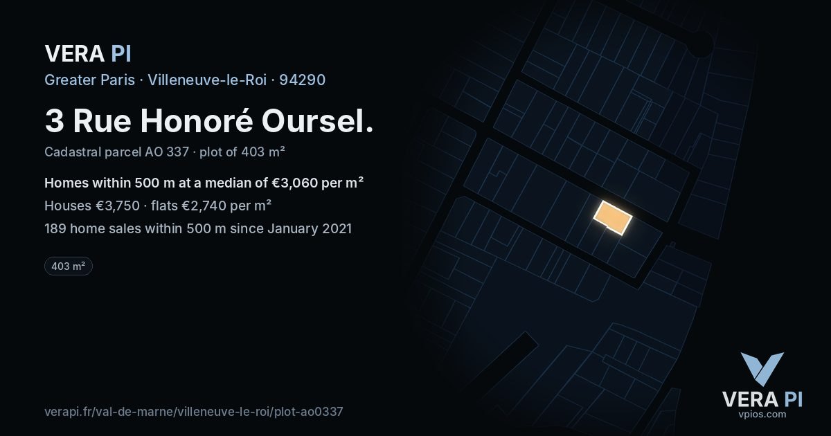 3 Rue Honoré Oursel, Villeneuve-le-Roi at night – the plot lit, the parcels around coloured by the prices near them