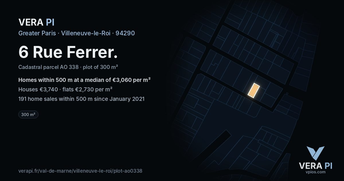 6 Rue Ferrer, Villeneuve-le-Roi at night – the plot lit, the parcels around coloured by the prices near them