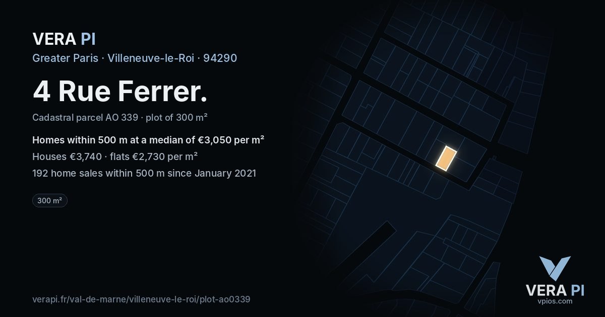 4 Rue Ferrer, Villeneuve-le-Roi at night – the plot lit, the parcels around coloured by the prices near them