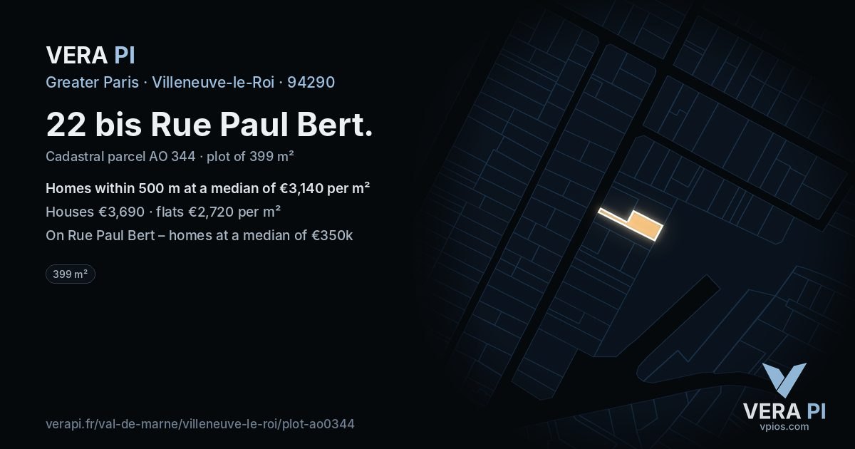 22 bis Rue Paul Bert, Villeneuve-le-Roi at night – the plot lit, the parcels around coloured by the prices near them