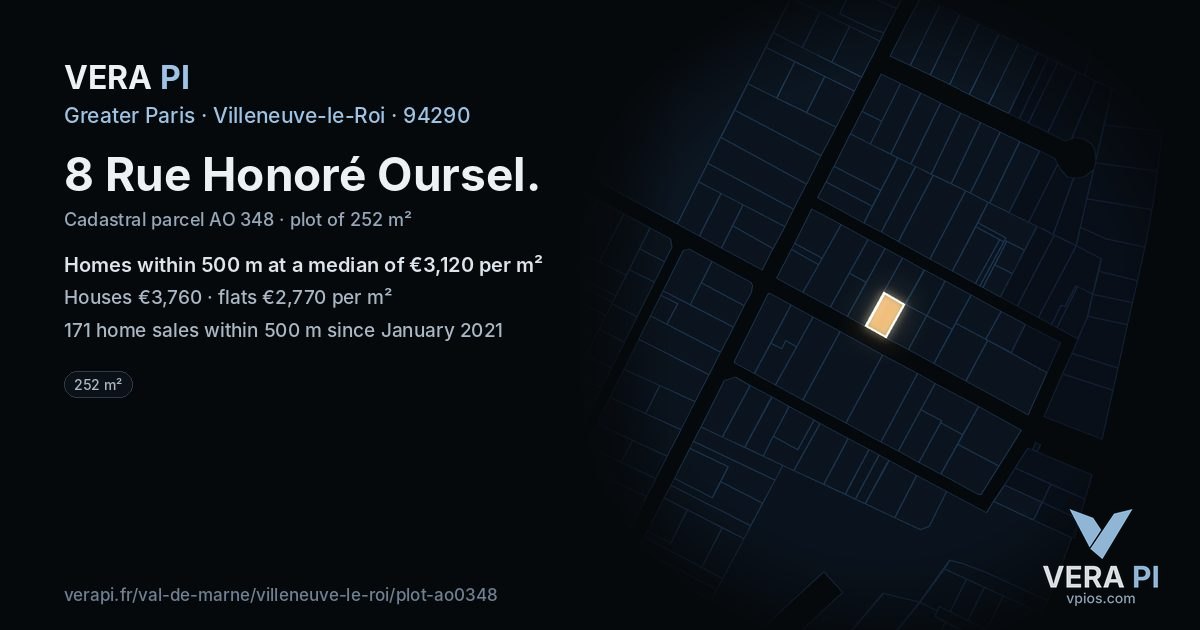 8 Rue Honoré Oursel, Villeneuve-le-Roi at night – the plot lit, the parcels around coloured by the prices near them