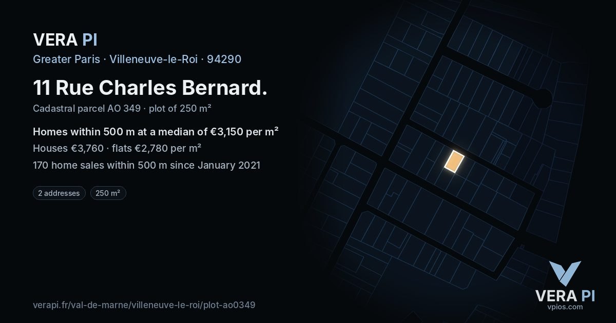 11 Rue Charles Bernard, Villeneuve-le-Roi at night – the plot lit, the parcels around coloured by the prices near them