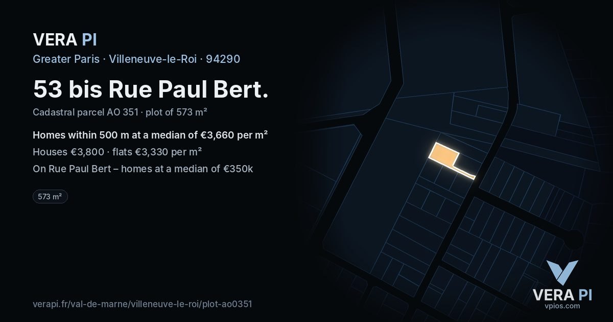 53 bis Rue Paul Bert, Villeneuve-le-Roi at night – the plot lit, the parcels around coloured by the prices near them